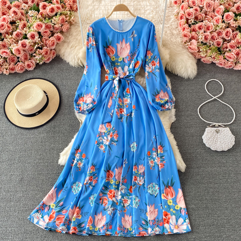 Robe à col ras du cou à imprimé slim à taille haute et lacets de style vintage 3211