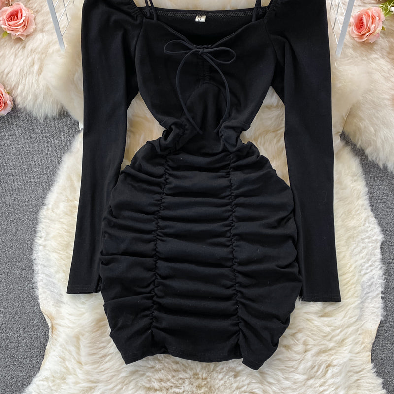 Robe portefeuille sexy à manches bouffantes, coupe slim, à lacets, plissée, col carré, 2917