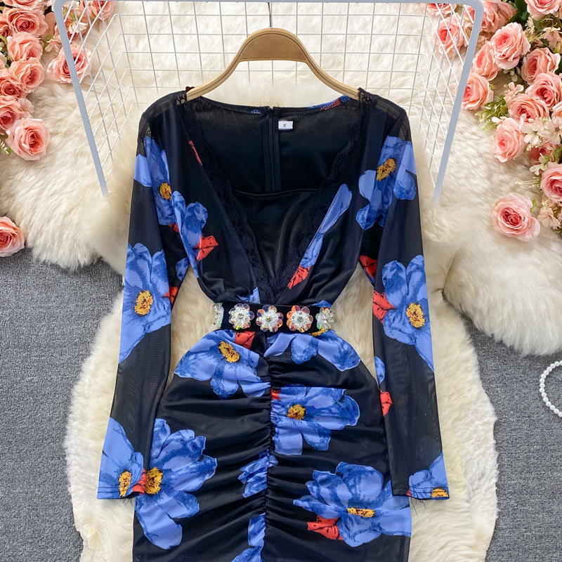 Robe portefeuille élastique sexy à col en V et imprimé 3248