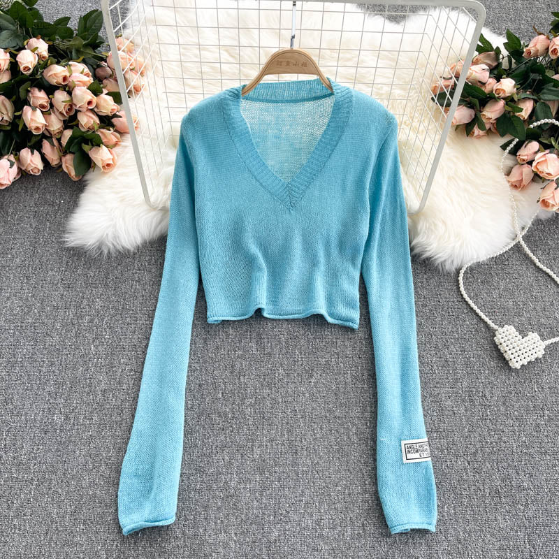 Pull slim taille haute à col en V uni pour femme 1609