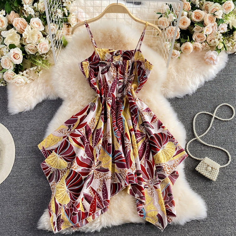 Slim waist print A-line dress for women 3192