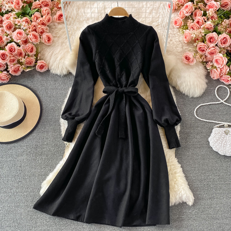 Fake two piece long sleeve knitted stitched corduroy A-line dress 3365