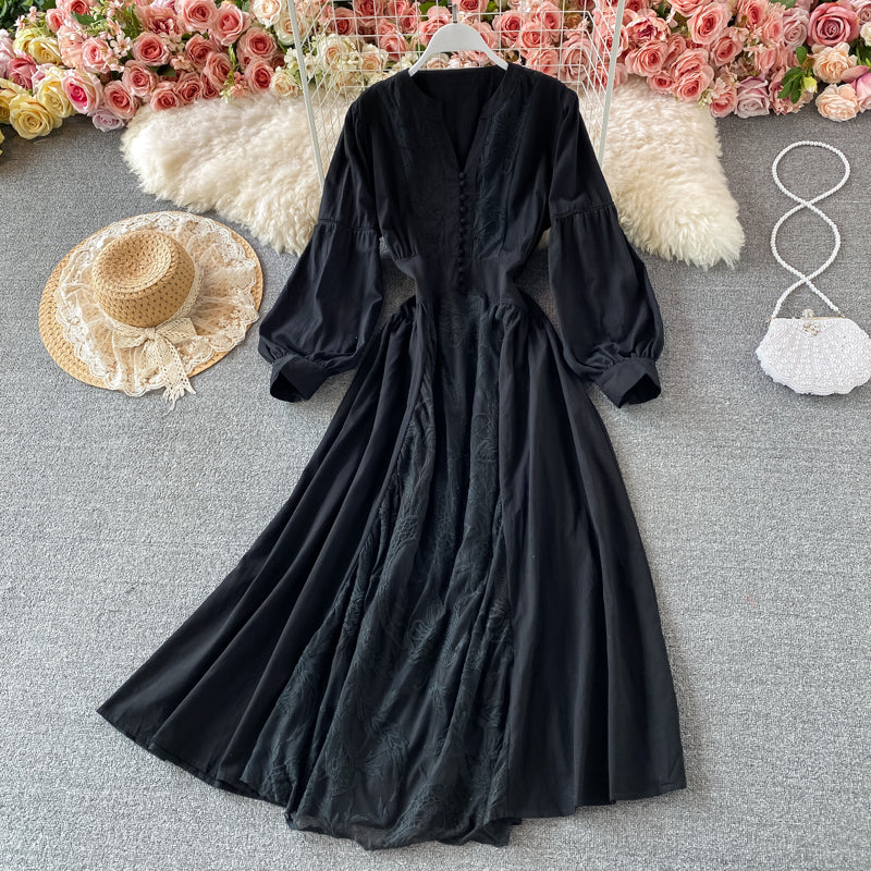 Robe à col en V et manches lanternes avec coupe-vent douce à la taille 3183