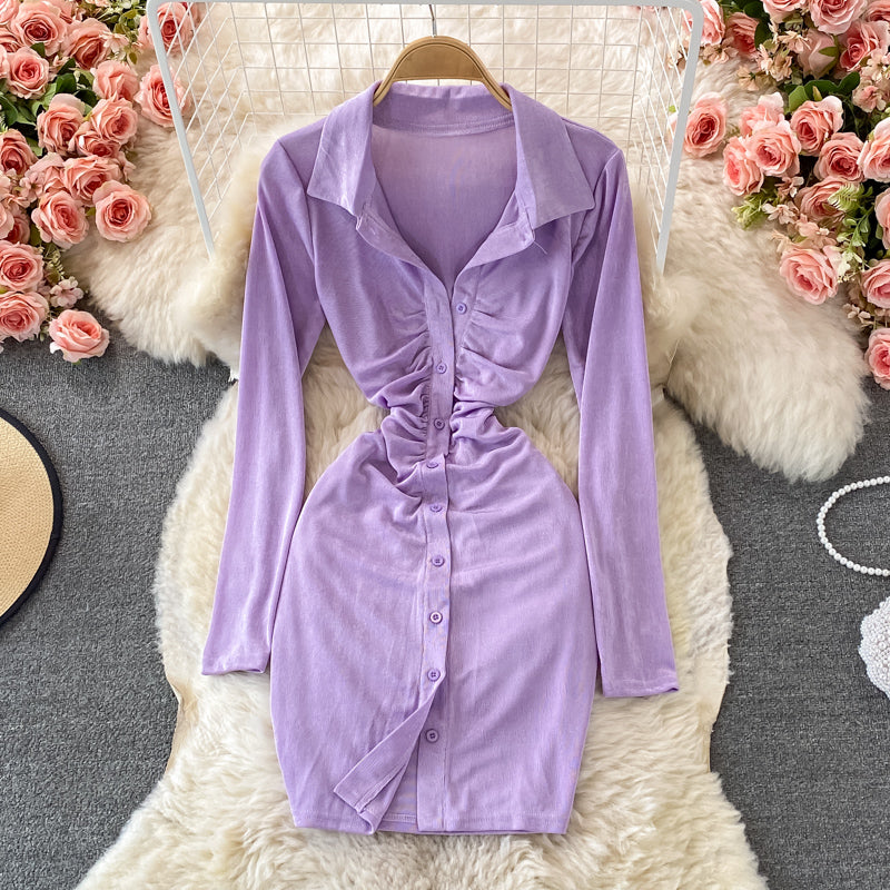 Robe plissée taille haute à revers et jupe courte pour femme 3241