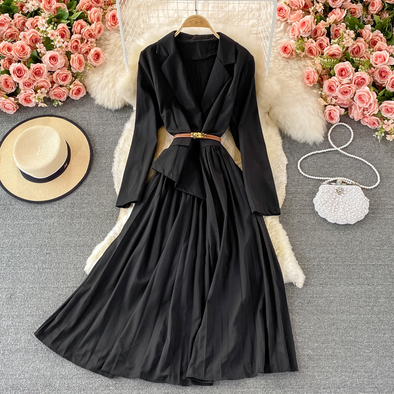 Design sense: small crowd, narrow waist, thin suit collar, Pleated Dress 3371