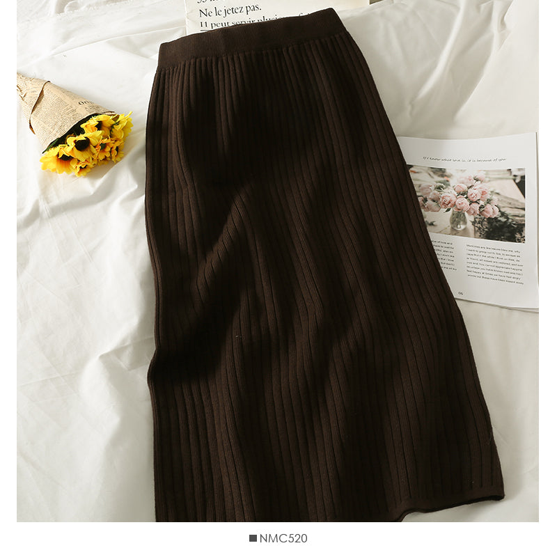 Jupe en une étape fendue fine à taille élastique à rayures verticales rétro de style Hong Kong 2519