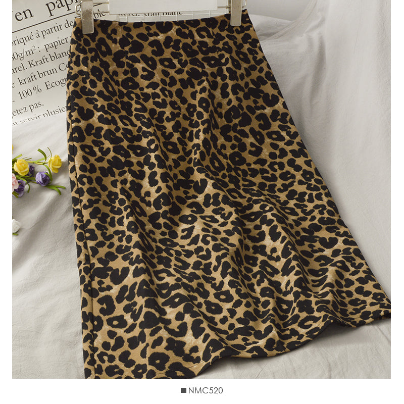 Hong Kong retro leopard print medium length high waist split one-step skirt 2662