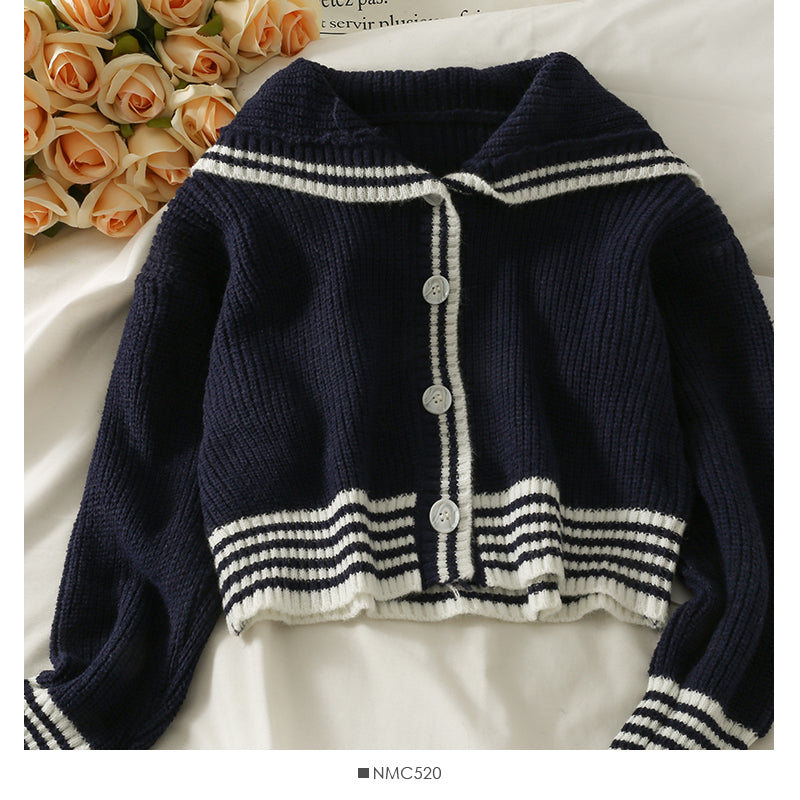 Pull cardigan court à simple boutonnage et à gros revers à rayures coréennes 2051