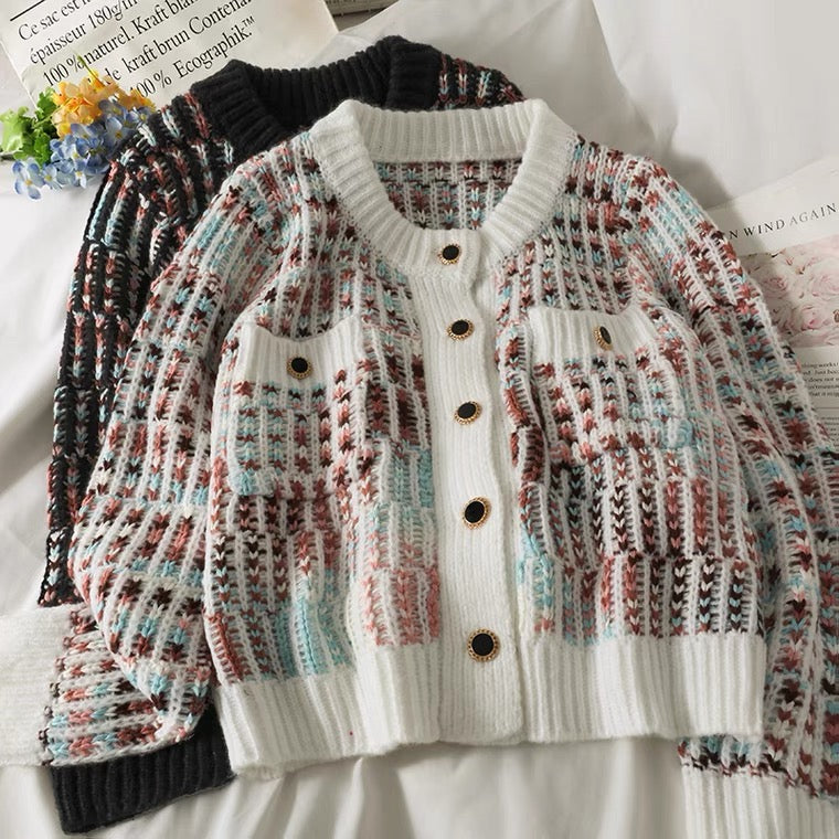 Cardigan à simple boutonnage en tricot ample à col ras du cou et à rayures, haut à manches longues 1445