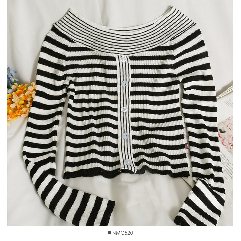Pull rayé à col à chevrons et boutonnage simple, design minoritaire français 2057