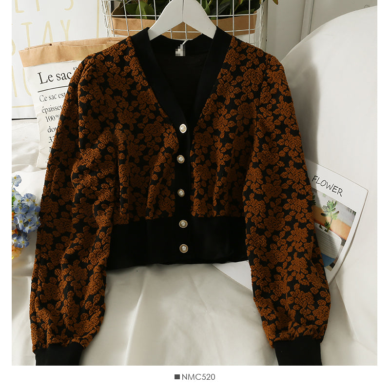 Pull imprimé à simple boutonnage pour femme, pull slim à manches longues et col en V 1877
