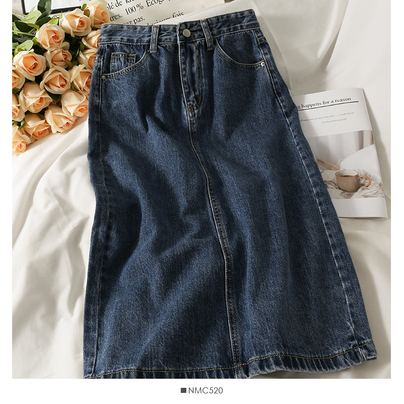 Jupe en jean mi-longue unie simple et polyvalente Han Fan 2534
