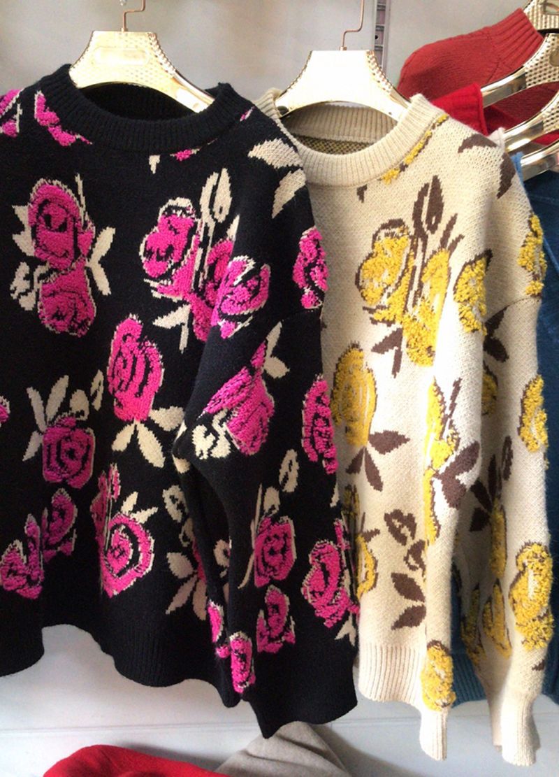 Nouveaux pulls à fleurs roses, tricots vintage amples et chauds 1436