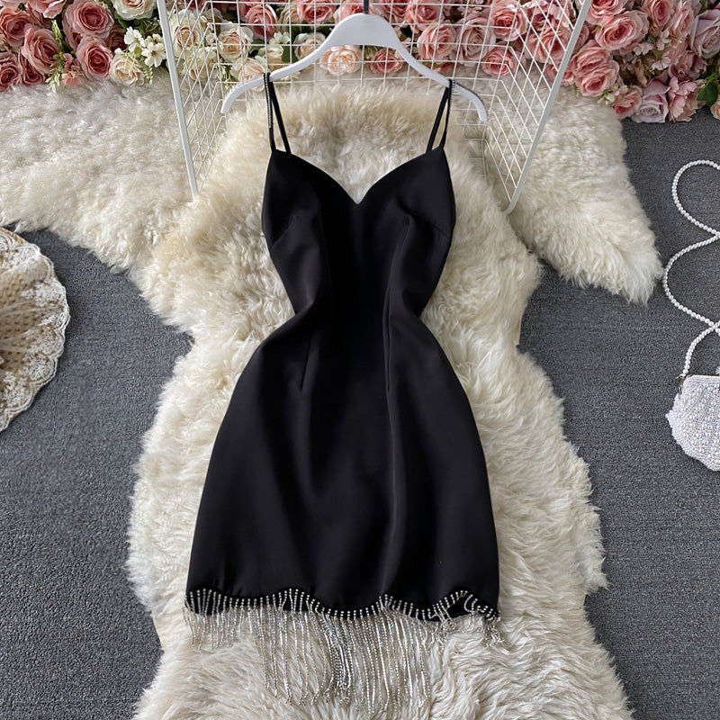 Robe à bretelles décorative en strass avec pompon en chaîne 2796