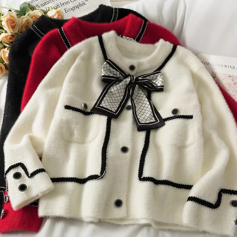 Pull ample à simple boutonnage avec nœud papillon, pull à manches longues à rayures patchwork 1444