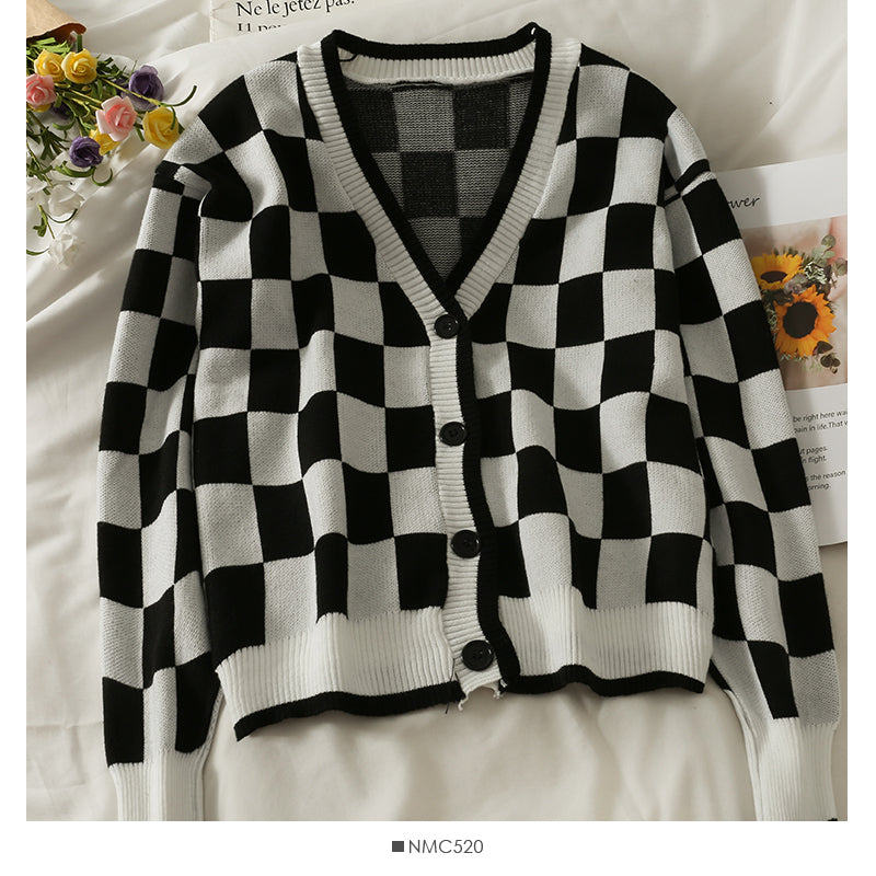 Cardigan fin à manches longues et col bas pour femme, pull à carreaux à blocage de couleur, simple boutonnage, 1986