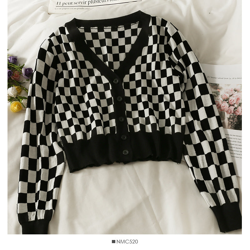 Cardigan court à carreaux à manches longues et boutonnage simple 1855