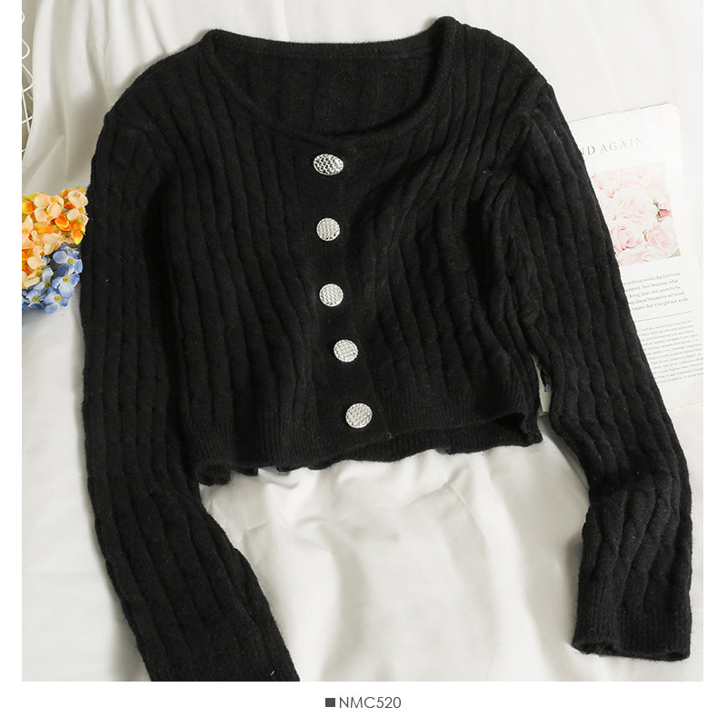 Pull femme automne court simple boutonnage manches longues cardigan haut 1970