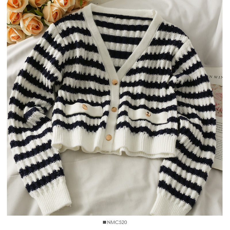 Cardigan rayé ample et fin à simple boutonnage, pull à manches longues 1850