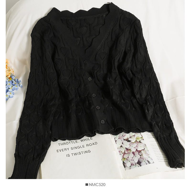 Pull à manches longues à carreaux en forme de cœur avec bords ondulés creux pour femme 1759