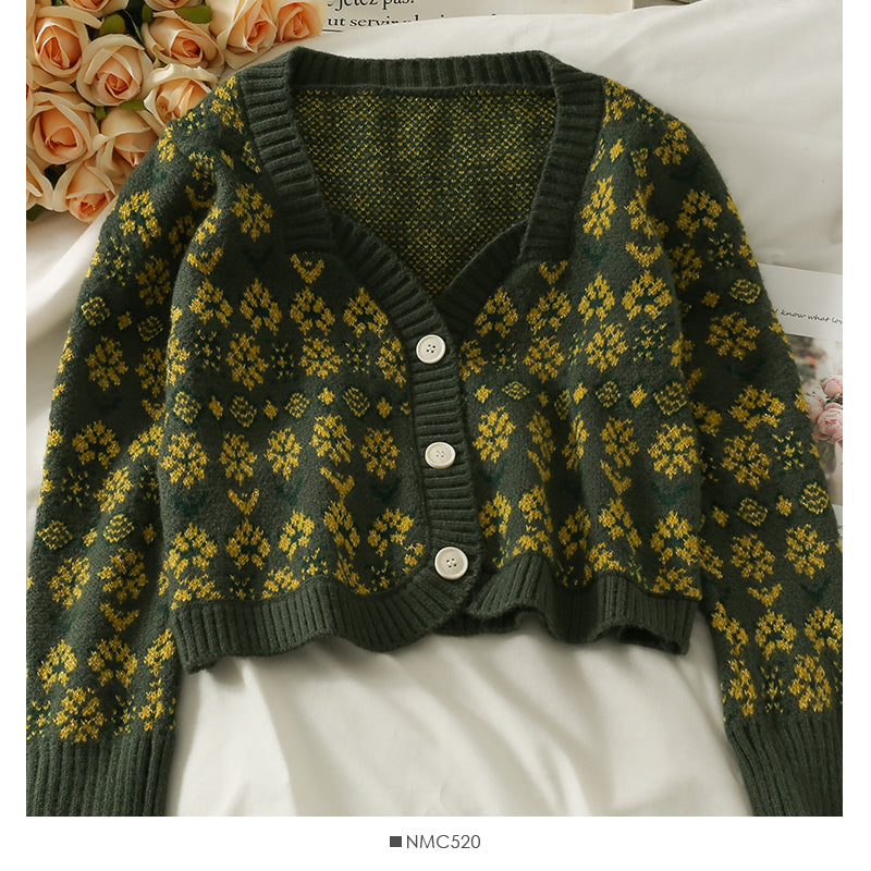 Pull femme vintage imprimé col bas cardigan simple boutonnage top 1836