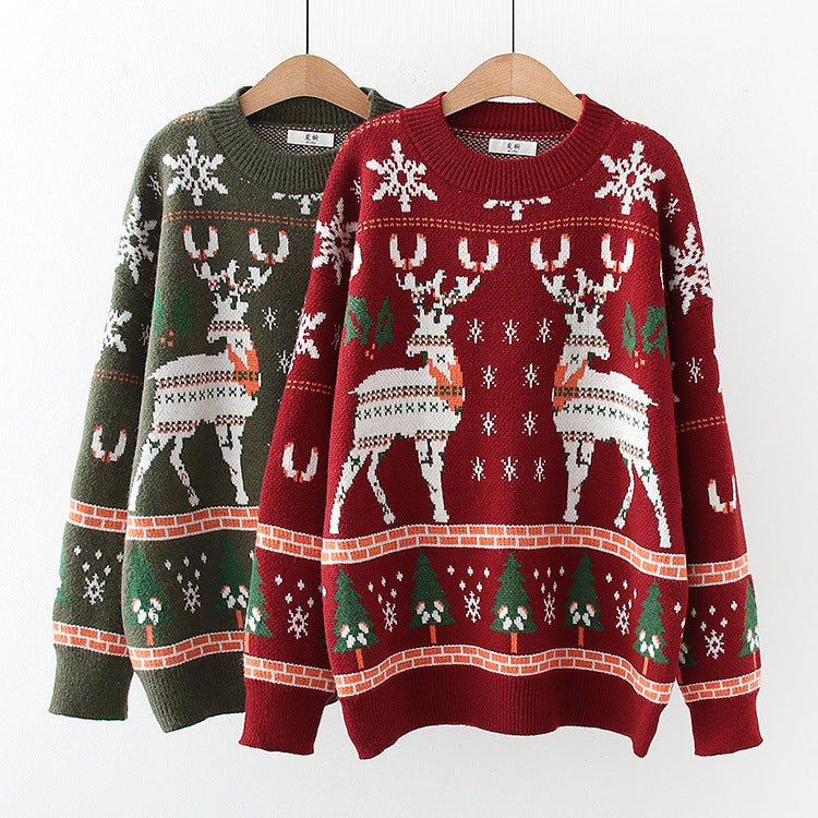 Pull jacquard en tricot de cerf flocon de neige de Noël, pull ample à col rond automne/hiver, pull 1415
