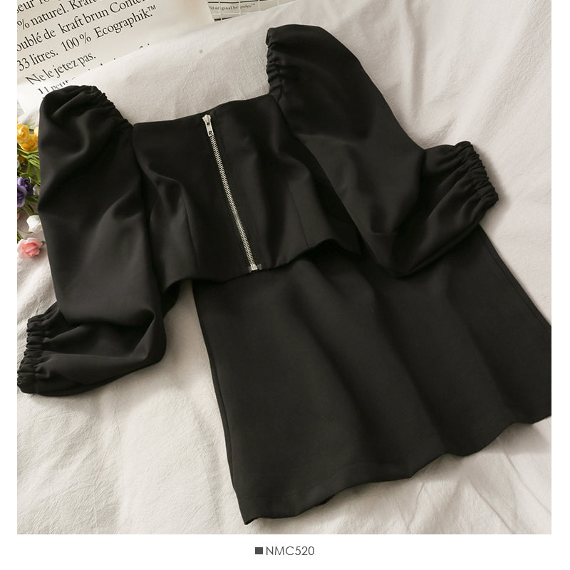 Off shoulder exposed clavicle zipper bubble sleeve top high waist skirt 2490