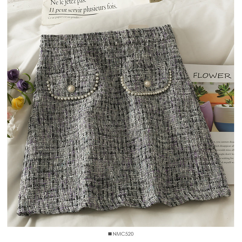 Jupe portefeuille taille haute en tweed à carreaux rétro de style Hong Kong pour femme 2539