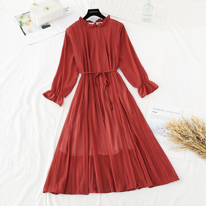 Robe à pointes de vague nouvelle robe d'automne et d'hiver jupe longue en mousseline de soie à fleurs cassées rétro française 2128