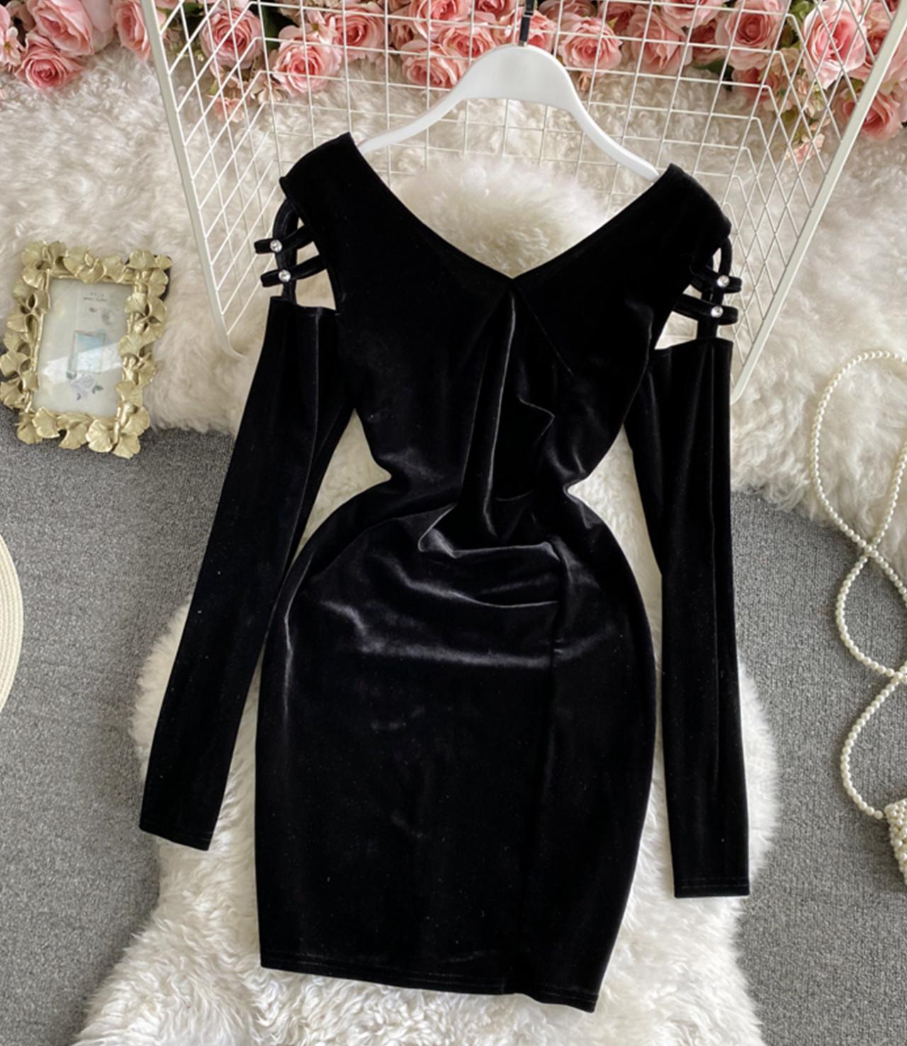 Black velvet short dress long sleeve dress 1300