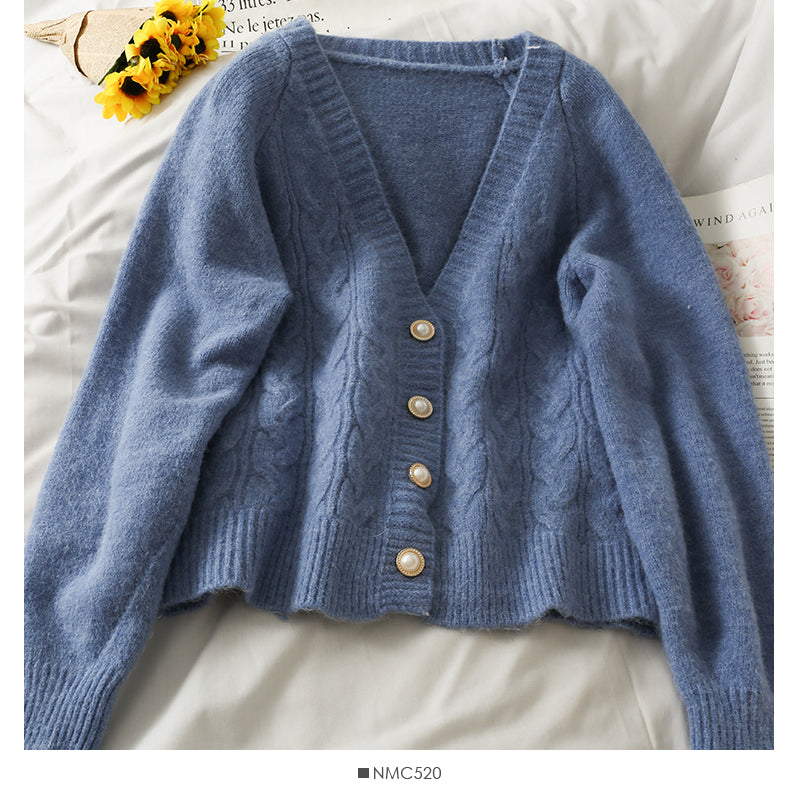 Cardigan simple boutonnage à col bas en maille torsadée lâche 1776