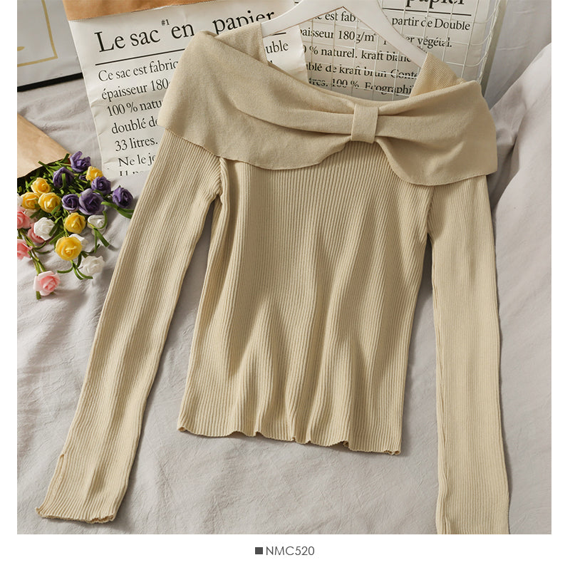 Pull coréen slim à clavicules et à volants papillon 1828