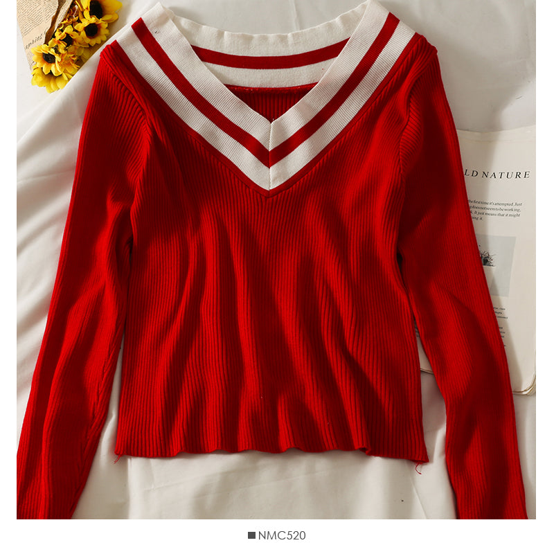 T-shirt coréen à rayures et épaules dénudées, col bas, clavicule exposée, manches longues, 1976