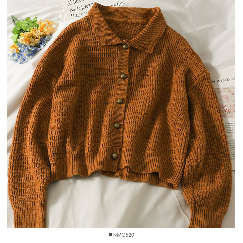 Cardigan à revers à manches longues et boutonnage simple, pull ample vintage 1743