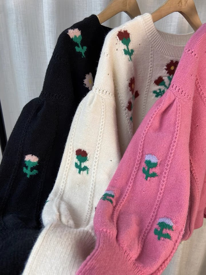 Pull à fleurs de tempérament, pull vintage à manches lanternes en jacquard, haut de vêtements d'extérieur d'automne 1409