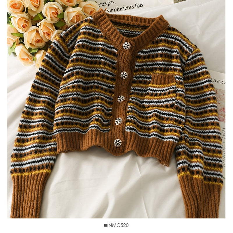 Pull cardigan à simple boutonnage à rayures contrastées vintage 1869
