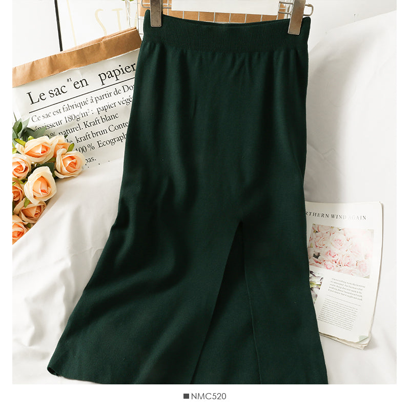 Korean split medium length solid color knitted skirt 2591