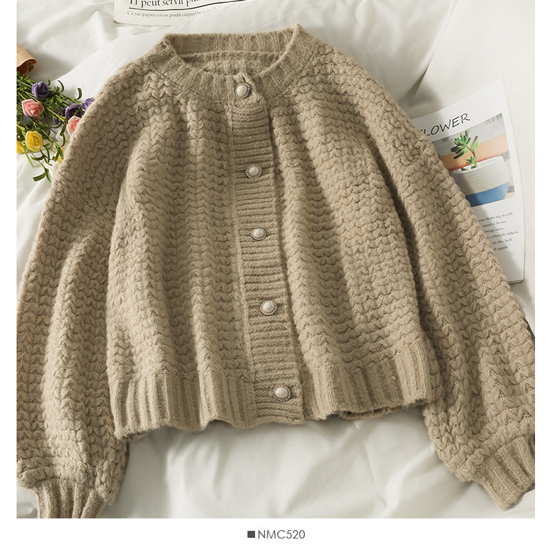 Cardigan à col ras du cou et à manches longues, pull polyvalent pour femme 1856