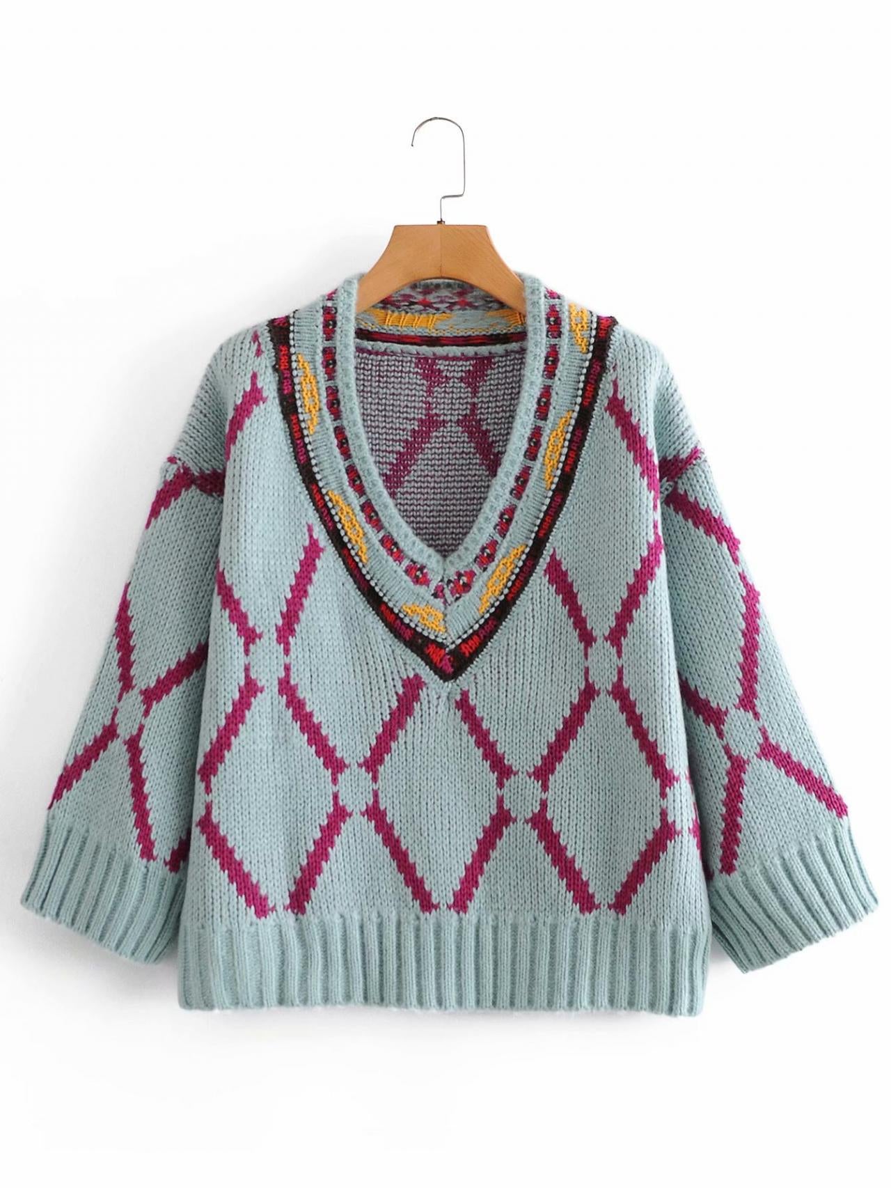 Pull ample à col en V avec motif brodé de style ethnique pour femme 1368