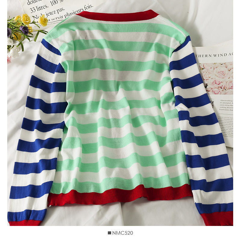 T-shirt à col en V simple boutonnage à rayures et coutures contrastées pour femme 2029