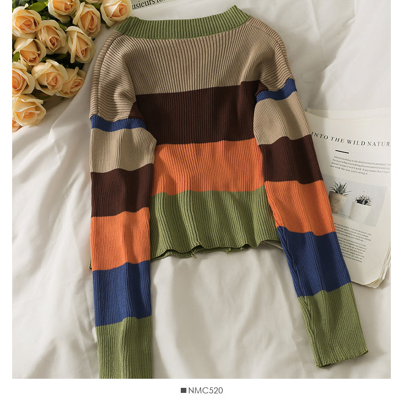 Pull coupe slim à simple boutonnage et col bas avec contraste de couleurs élégant 2070