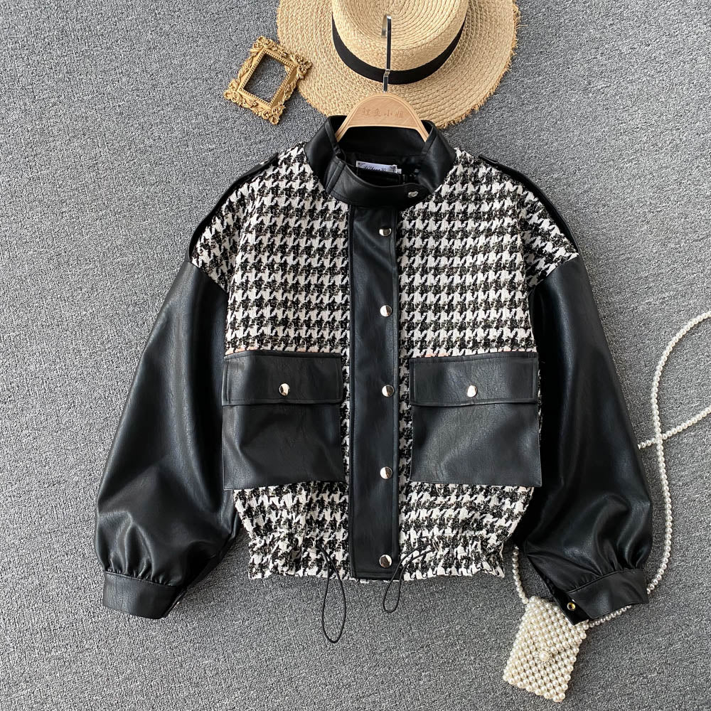 Casual coat women's leather stitched thousand bird lattice 1533