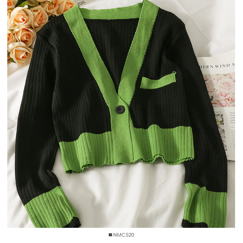 Pull à manches longues à un bouton avec coutures contrastées de Han Fan pour femme 1949