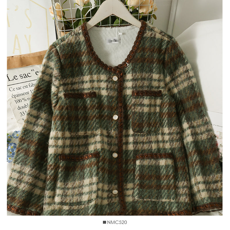 Hong Kong Style Vintage Plaid single breasted cardigan woolen jacket female 2124