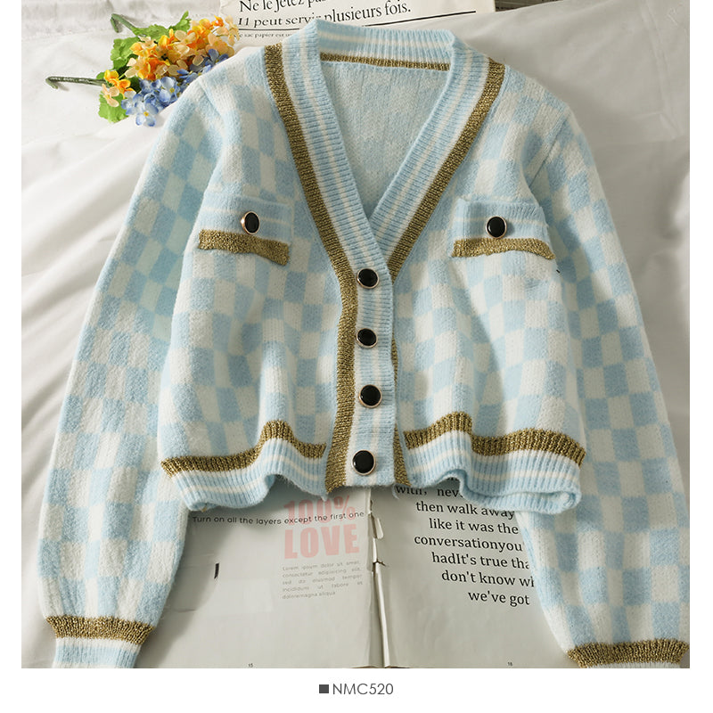 Cardigan à carreaux à trois boutons et col bas pour femme 1845
