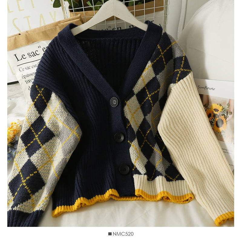 Contrast stitched diamond check single breasted low neck T-shirt 1840