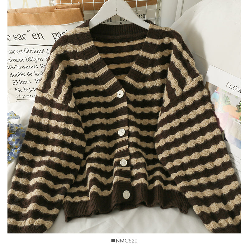 Pull femme rayé cardigan simple boutonnage pull à manches longues 1982