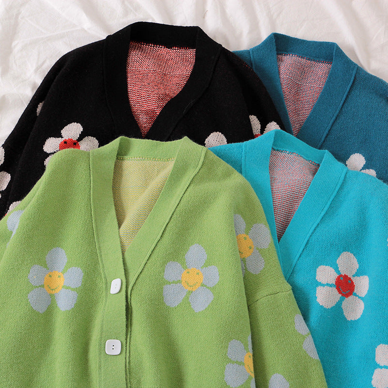 Manteau en tricot fleuri preppy, ample, col V, cardigan printemps et automne 1442