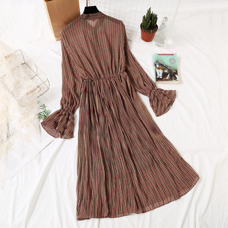 Long sleeve pleated flare sleeve Vintage bow tie chiffon skirt knee length skirt 2452