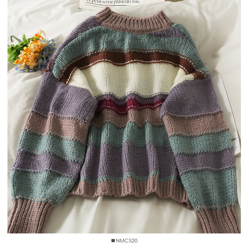 Pull à manches longues et col rond à rayures contrastées de couleur élégante pour femme 2071